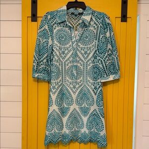 Eva Franco Teal and White Embroidered Shift Dress